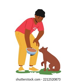 Friendly Volunteer Feeding Dog In Animal Shelter Or Pound. Young Man Giving Food To Homeless Puppy, Male Character With Bowl Isolated On White Background. Cartoon People Vector Illustration