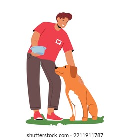 Friendly Volunteer Feeding Dog on Street, Animal Shelter Or Pound. Young Man Giving Bowl To Homeless Puppy, Male Character Care of Pet Isolated On White Background. Cartoon People Vector Illustration