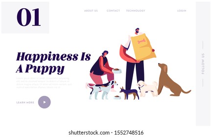 Friendly Volunteer Feeding Dogs in Animal Shelter or Pound Website Landing Page. Young Woman Giving Food to Homeless Puppies in Bowl, Man Hold Package Web Page Banner. Cartoon Flat Vector Illustration