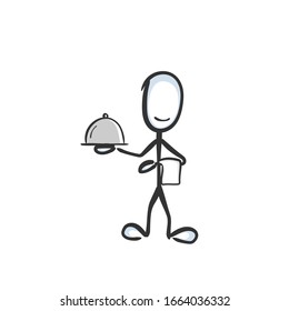 Friendly waiter in restaurant. Dish offer. Nice service. Waiter job. Hand drawn. Stickman cartoon. Doodle sketch, Vector graphic illustration
