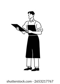 Um anfitrião amigável de garçom ou restaurante em um avental, segurando um menu e pronto para receber uma ordem. Ilustração minimalista da arte da linha de um trabalhador da hospitalidade.