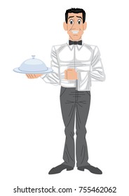 A friendly waiter, standing, wearing a work uniform, holding a plate