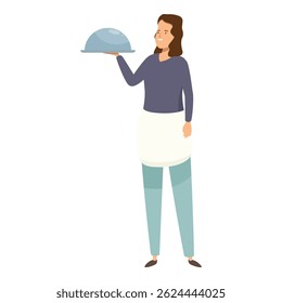 Friendly waitress is holding a metal food serving tray, ready to serve restaurant patrons