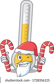 Friendly warm thermometer in Santa Cartoon character holds Christmas candies