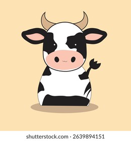 Friendly waving cow with black patches and pink snout, perfect for kids' books, nursery decor, or educational farm graphics. Playful minimalist vector with soft shadow.
