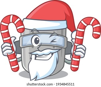 Friendly welding mask dressed in Santa Cartoon character with Christmas candies