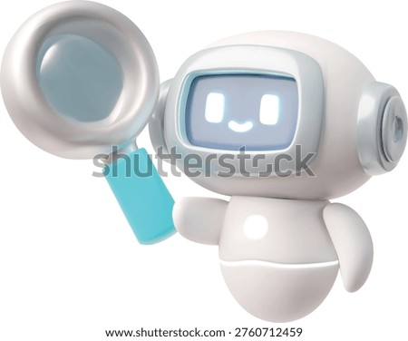 A friendly white 3D robot with a magnifying glass, a smile, and glowing eyes. Information search, automation, support, analysis, navigation. For websites and mobile apps. Vector. Rendering.