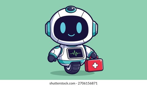 Un simpático robot de dibujos animados blanco y azul con una pantalla que muestra un latido del corazón, sosteniendo un botiquín de primeros auxilios rojo.