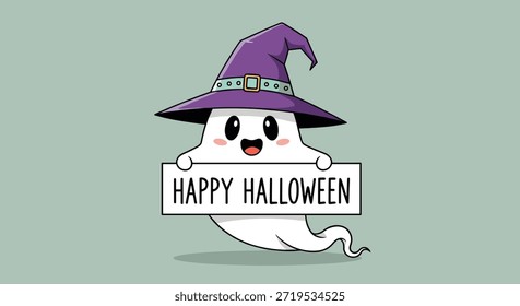 Friendly white ghost character wearing a purple witch hat and holding a Happy Halloween sign on a soft green background.