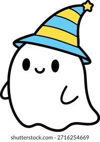 Um fantasma branco amigável usando um chapéu de bruxo listrado azul e amarelo com uma estrela. Ilustração de vetor plana de alta qualidade para decoração de Halloween, adesivos e artesanato infantil.
