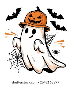 A friendly white ghost wearing a festive orange jack-o'-lantern as a hat, ready for Halloween.