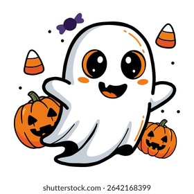 A friendly white ghost wearing a festive orange jack-o'-lantern as a hat, ready for Halloween.