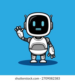 Amistoso robot de dibujos animados blanco y gris con ojos de pantalla azul ondeando, que representa la inteligencia artificial y la tecnología del futuro.