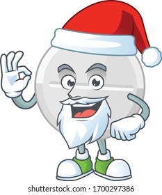 Friendly white pills Santa cartoon character design with ok finger