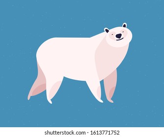 Friendly white polar bear at blue ice winter background vector flat illustration. Wild arctic animal cute character. North pole zoo icon