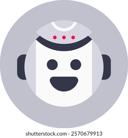 Friendly white robot with dark gray ears and a big smile is inside a gray circle, showing three red dots on its forehead, representing artificial intelligence, technology and innovation