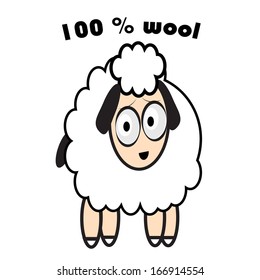 friendly white sheep, accompanied by text one hundred percent wool