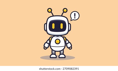 Un simpático personaje robot de dibujos animados blanco y amarillo con una cara de pantalla y un icono de alerta sobre su cabeza.