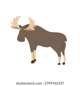 Friendly wild moose character with large antlers standing on blank background. Cute forest elk animal element for kids education, nursery prints, or nature design.