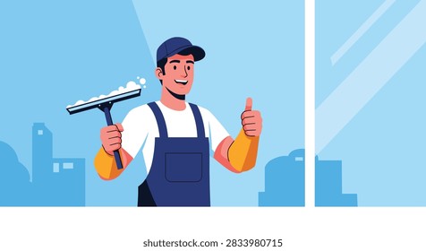Friendly window cleaner professional in uniform giving a thumbs up while holding a squeegee against a city skyline background.