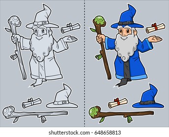 Friendly wizard in (gray and color version) with separate staff, scroll and hat