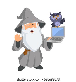 Friendly wizard, he has a laptop, vector illustration