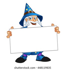 Friendly wizard, wearing a blank billboard to put text