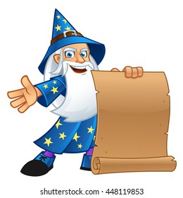 Friendly wizard, wearing a blank parchment to put text