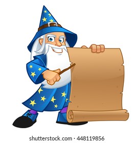 Friendly wizard, wearing a blank parchment to put text