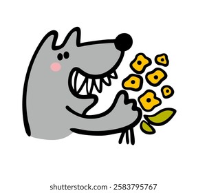 Friendly wolf from a fairy tale with sharp big teeth smiles and holds   bouquet of flowers. Vector illustration of  wild animal from  forest and plants. Isolated funny character on white background.