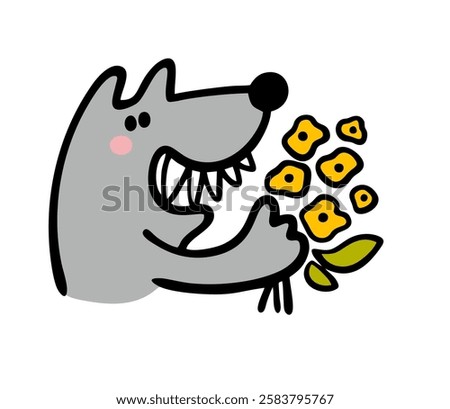 Friendly wolf from a fairy tale with sharp big teeth smiles and holds   bouquet of flowers. Vector illustration of  wild animal from  forest and plants. Isolated funny character on white background.