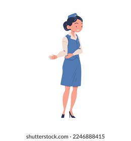 Friendly Woman Airline Worker at Airport Standing Wearing Blue Uniform Vector Illustration