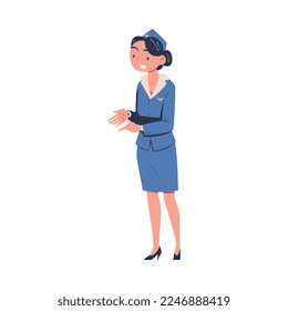Friendly Woman Airline Worker at Airport Standing Wearing Blue Uniform Vector Illustration