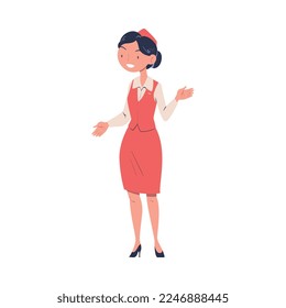 Friendly Woman Airline Worker at Airport Standing Wearing Red Uniform Vector Illustration