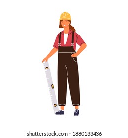 Friendly woman architect holding constructing ruler vector flat illustration. Happy female industrial worker in overalls and hard hat isolated on white. Engineer constructor with equipment