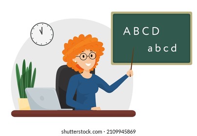 A friendly woman in glasses sits at a waist-deep table with a laptop and a pointer. The teacher shows the information to the class on the blackboard. Online education for children.