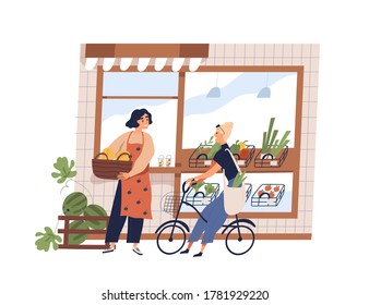 Friendly Woman Greengrocer And Buyer At Grocery Facade Vector Flat Illustration. Smiling Female Owner Working At Small Shop With Vegetables And Fruits Isolated. Woman Customer On Bike Talk With Seller