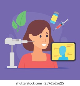 Friendly woman surrounded by health symbols: syringe, vaccine vial, tablet with health info, and green leaves, all representing wellness
