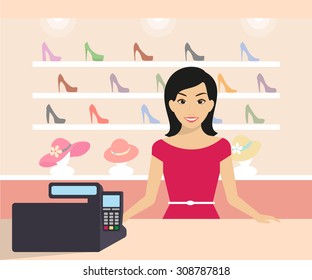 Friendly woman is working in the shoe shop. Flat modern illustration