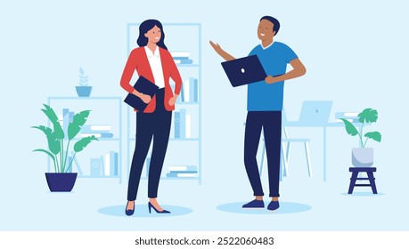 Friendly workplace - Two people colleagues smiling and talking together at work in office. Flat design vector illustration