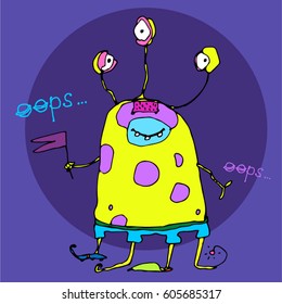Friendly yellow aliens said oops. Cartoon vector illustration. Alien with the third eye.