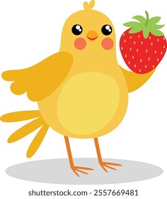 Friendly yellow bird holding a red strawberry