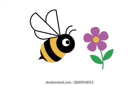 Friendly yellow and black cartoon bee flying toward a small purple flower on a plain background.