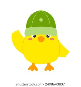 Сute friendly yellow chicken with green hat flaps wing on white background. Flat vector illustration