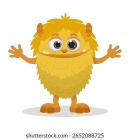 Friendly yellow monster with bushy fur, big eyes, and a cheerful expression stands with open arms. Ideal for children s designs, cards, or Halloween graphics.