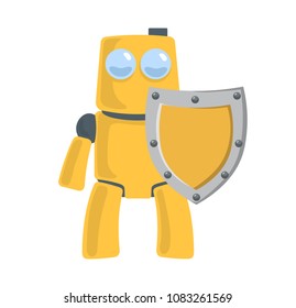 Friendly yellow robot with the shield. Robot protector. Cute character. Flat vector illustration. Isolated on white background.