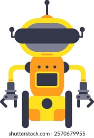 Friendly yellow robot is standing on wheels, with its claws open and an antenna on its head, suggesting advanced technology and playful automation