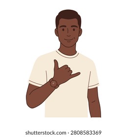 A friendly young Black man making the shaka hand sign gesture to represent chill, surf culture, or casual greeting. Isolated studio portrait on a plain background.