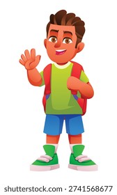 Friendly young boy waving his hand while wearing a backpack and smiling. Vector cartoon character illustration