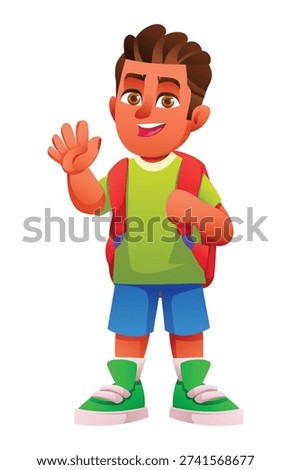 Friendly young boy waving his hand while wearing a backpack and smiling. Vector cartoon character illustration